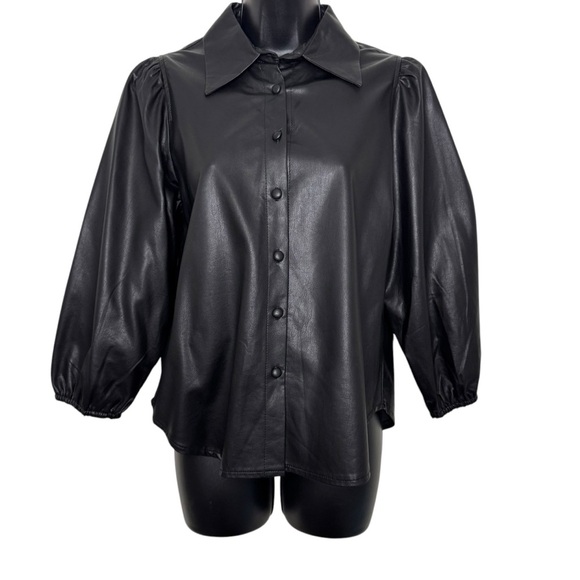 DÉLUC Black Collared Puff Sleeve Vegan Leather Button Up Blouse Size Small - Picture 1 of 5